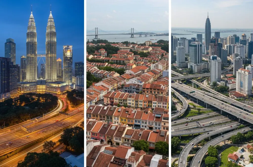 Malaysia property investment markets comparison showing Penang Kuala Lumpur and Johor skylines