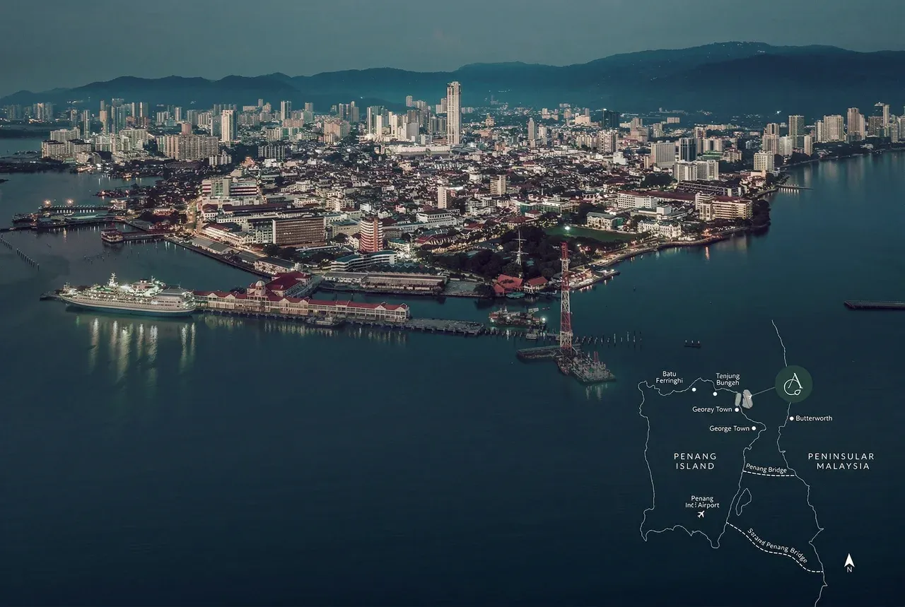 Aerial view of Penang with location map showing The Lume's proximity to key landmarks