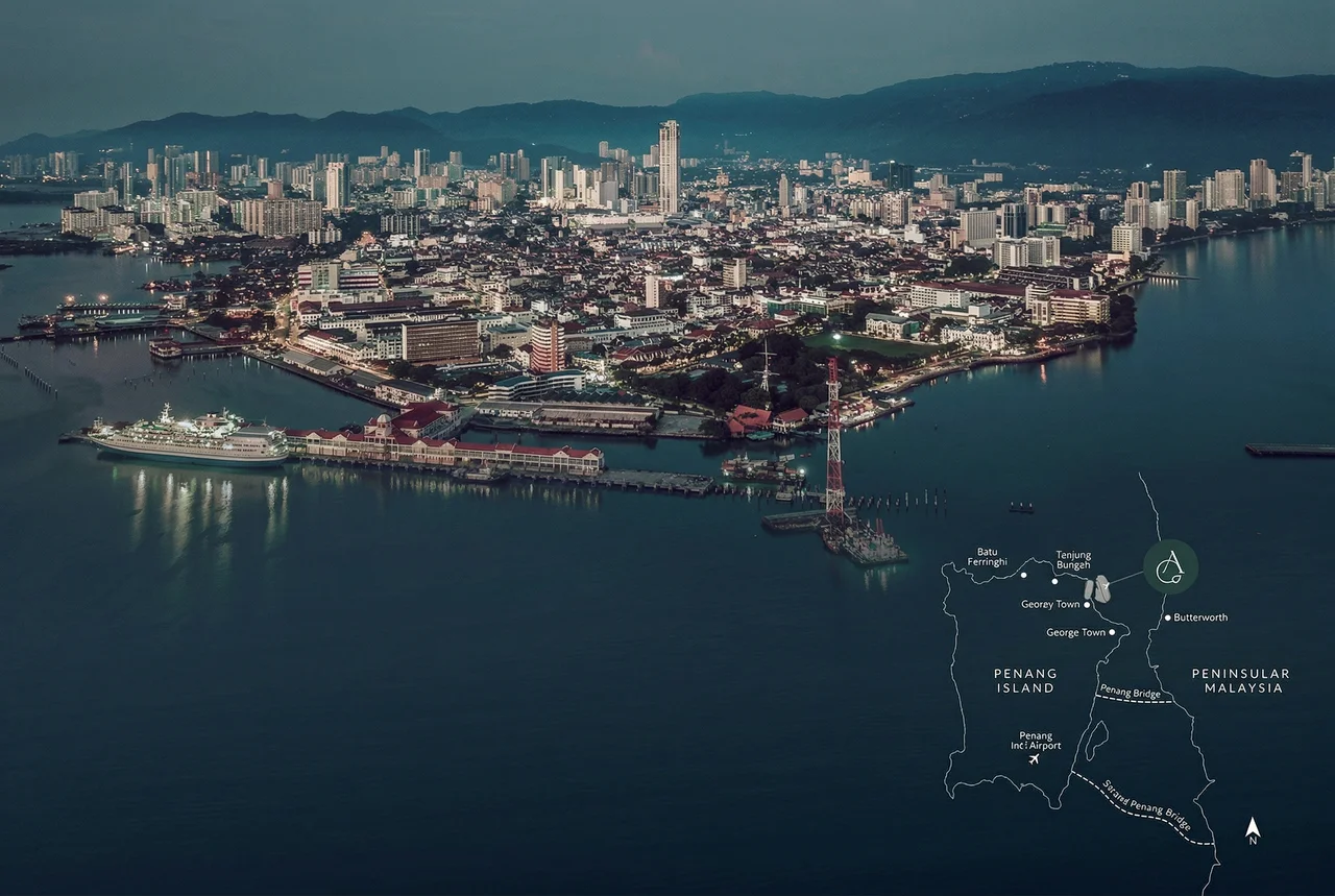 Aerial view of Penang with location map showing The Lume's proximity to key landmarks