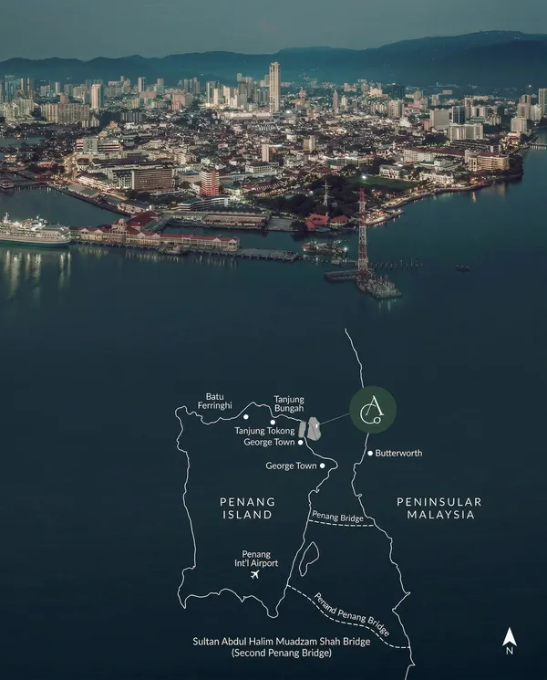 Aerial view of Penang with location map showing The Lume's proximity to key landmarks