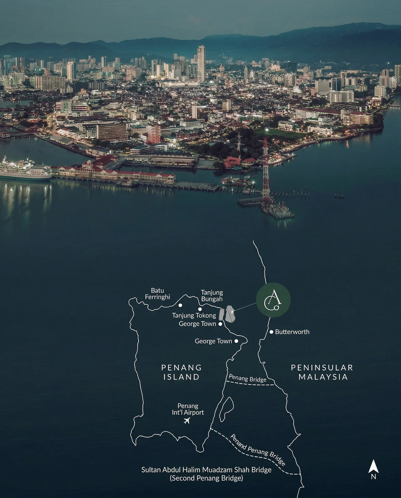 Aerial view of Penang with location map showing The Lume's proximity to key landmarks