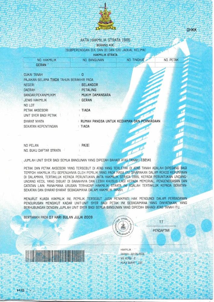 Freehold title deed representing permanent ownership at TheLume at Andaman luxury condo Penang