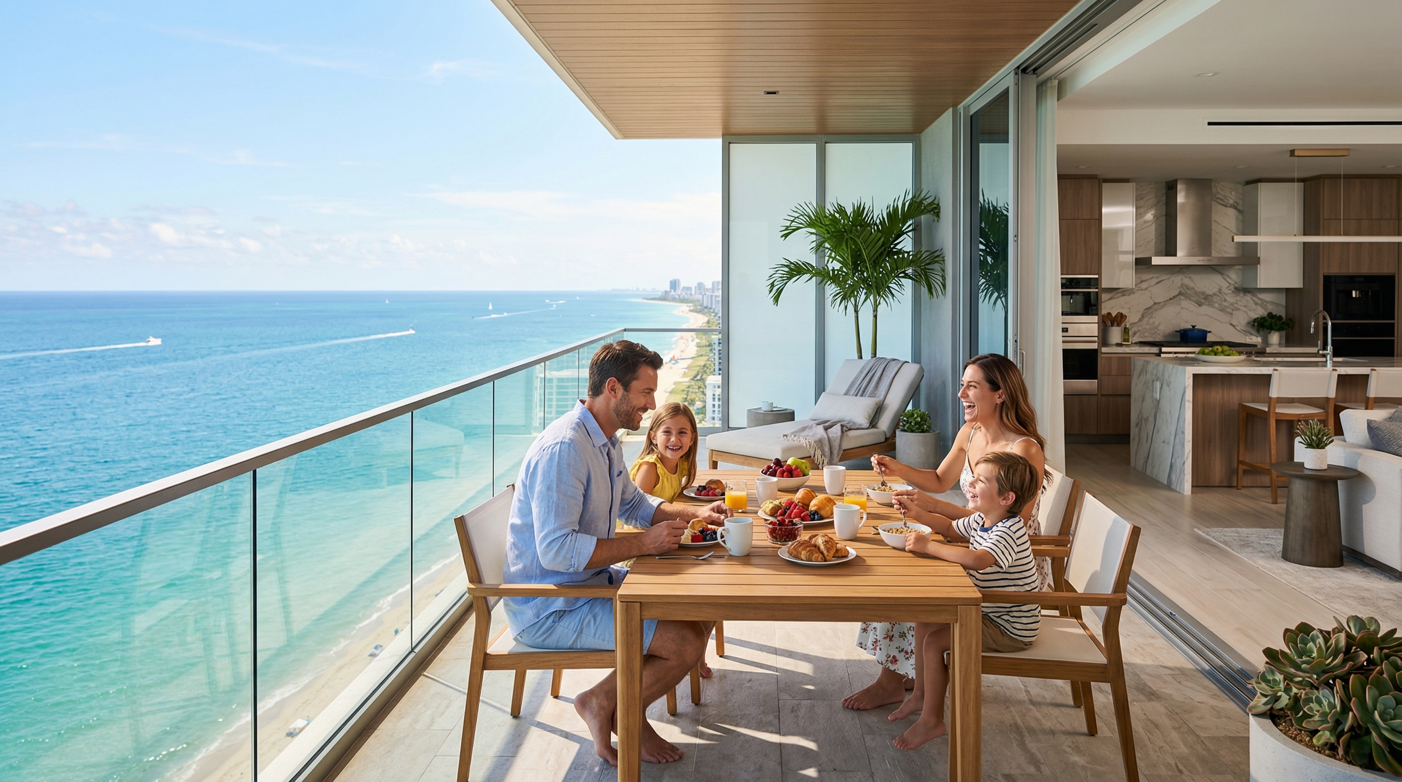 Family enjoying luxury waterfront condominium balcony with ocean view