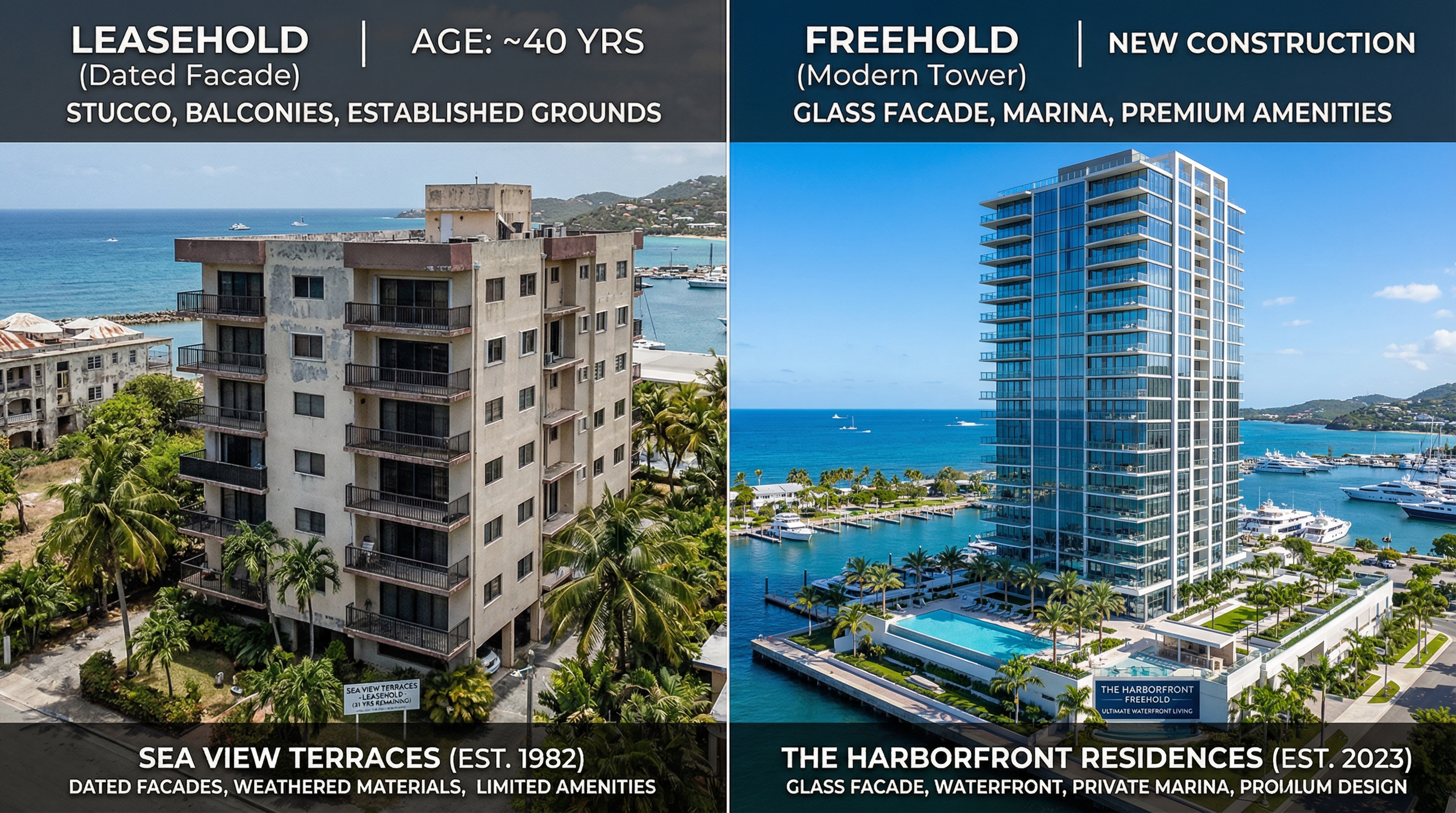 Modern freehold waterfront tower compared to older leasehold property