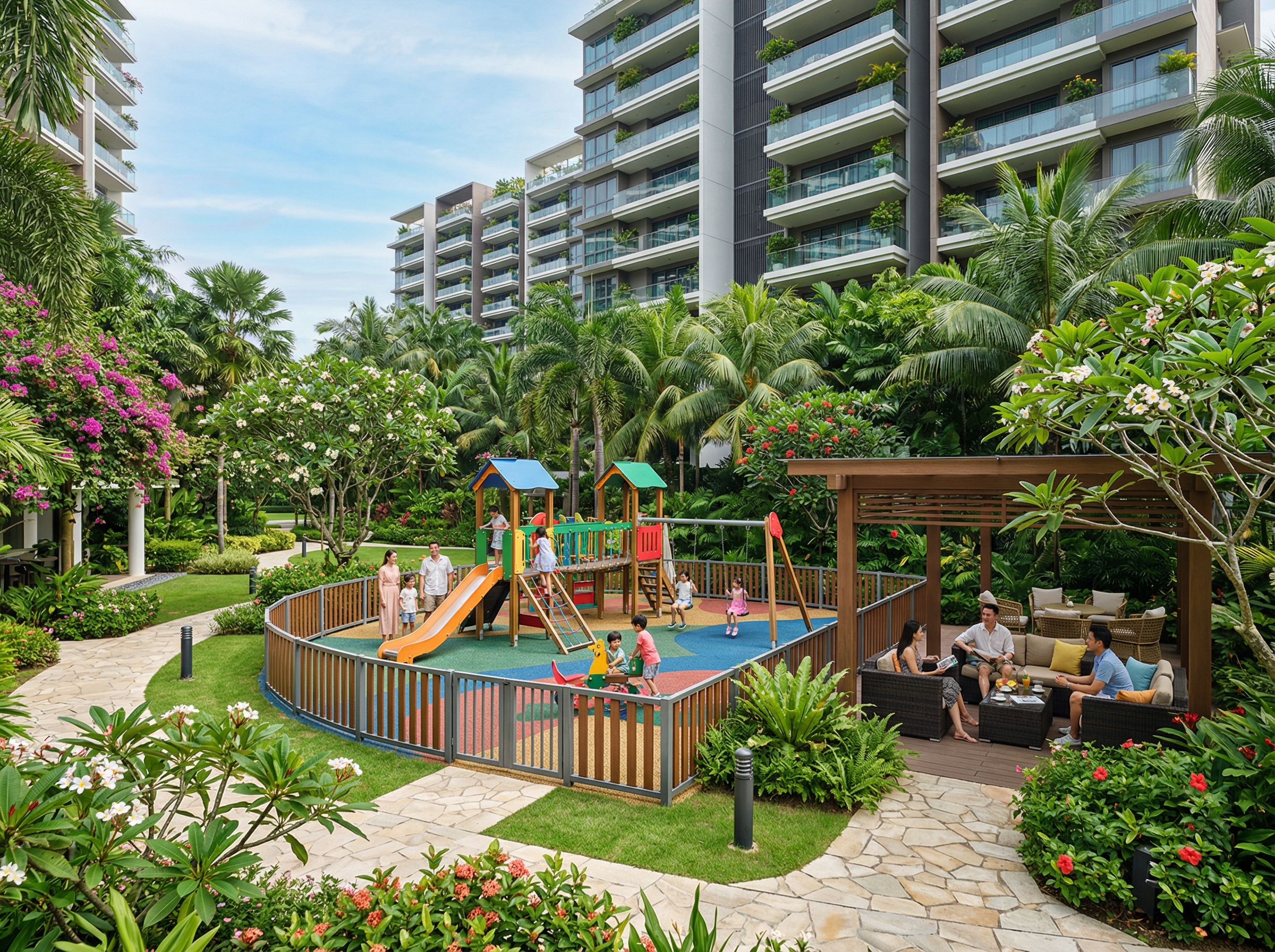 Luxury condominium garden and children's playground in tropical setting