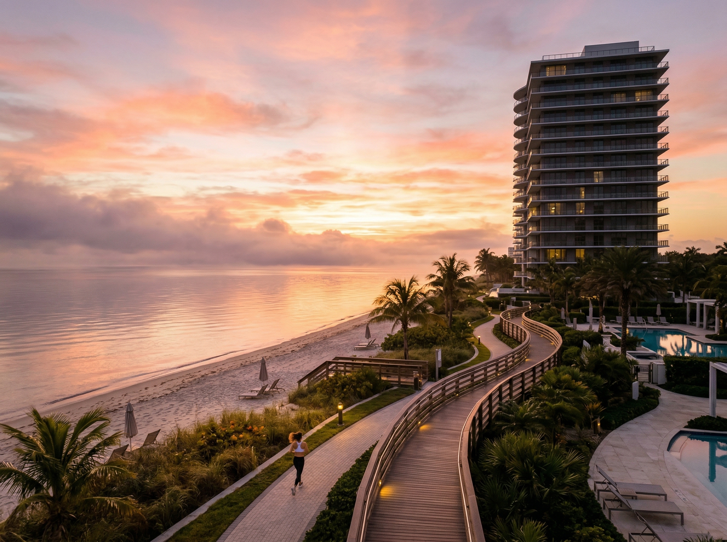 Oceanfront luxury condominium at dawn with morning mist