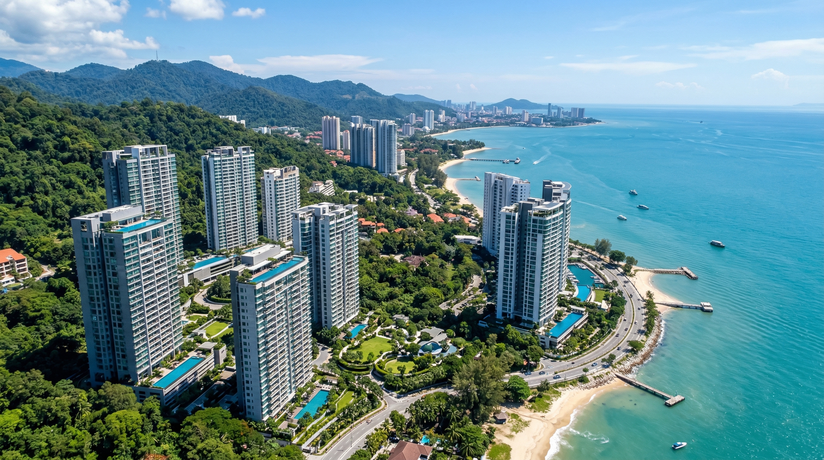Aerial view of exclusive high-rise condominiums along Penang north coast