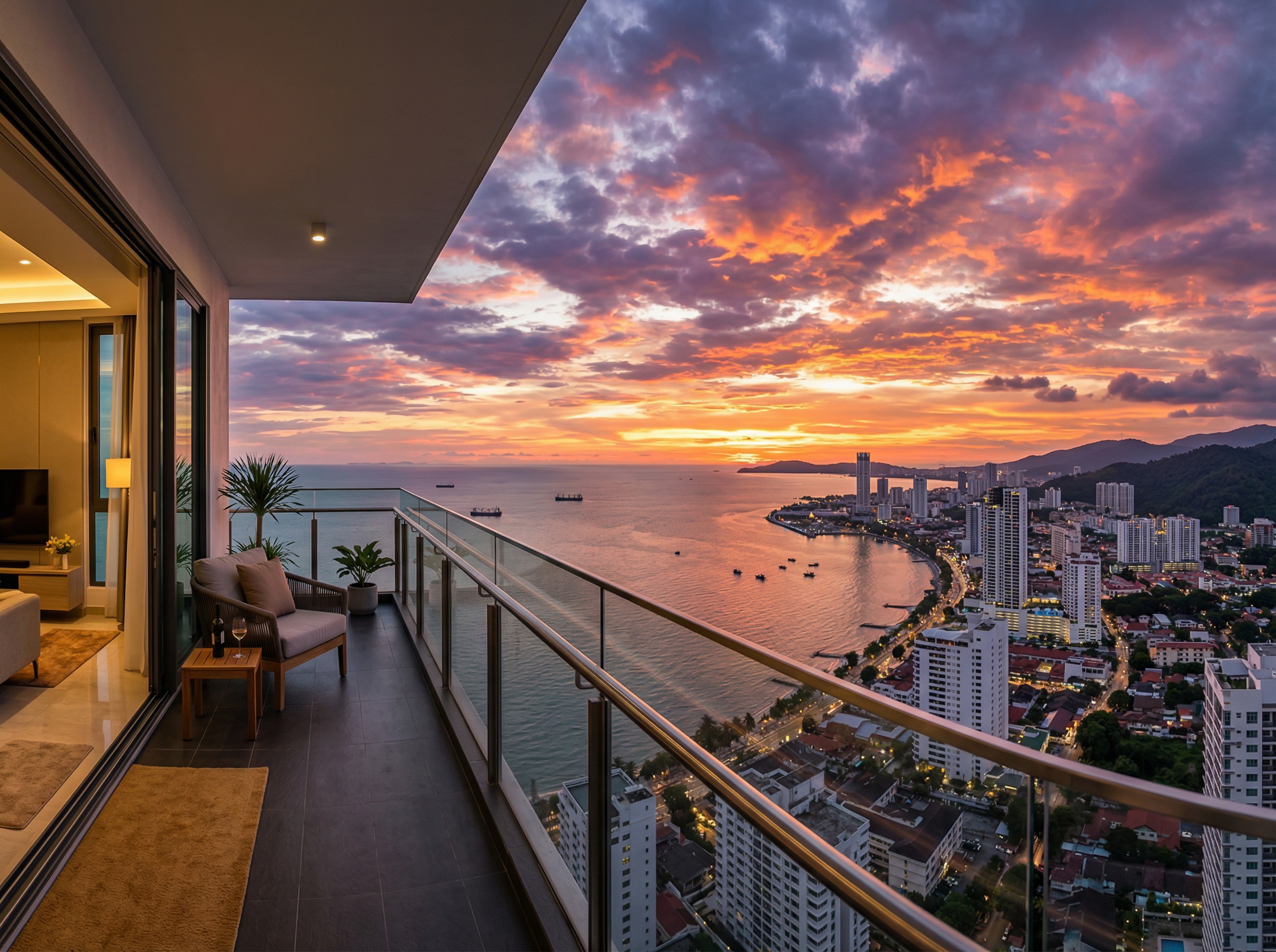 Panoramic Andaman Sea view from a luxury condominium balcony in Penang