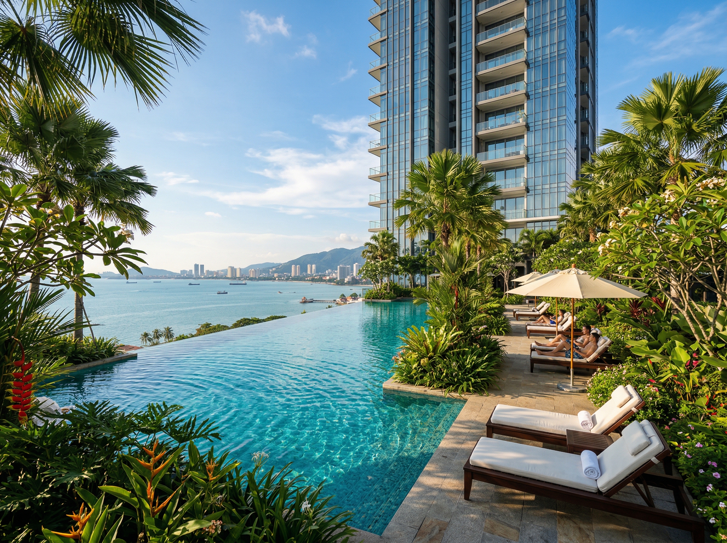 Resort-style infinity pool and tropical landscaping at a luxury condominium in Penang