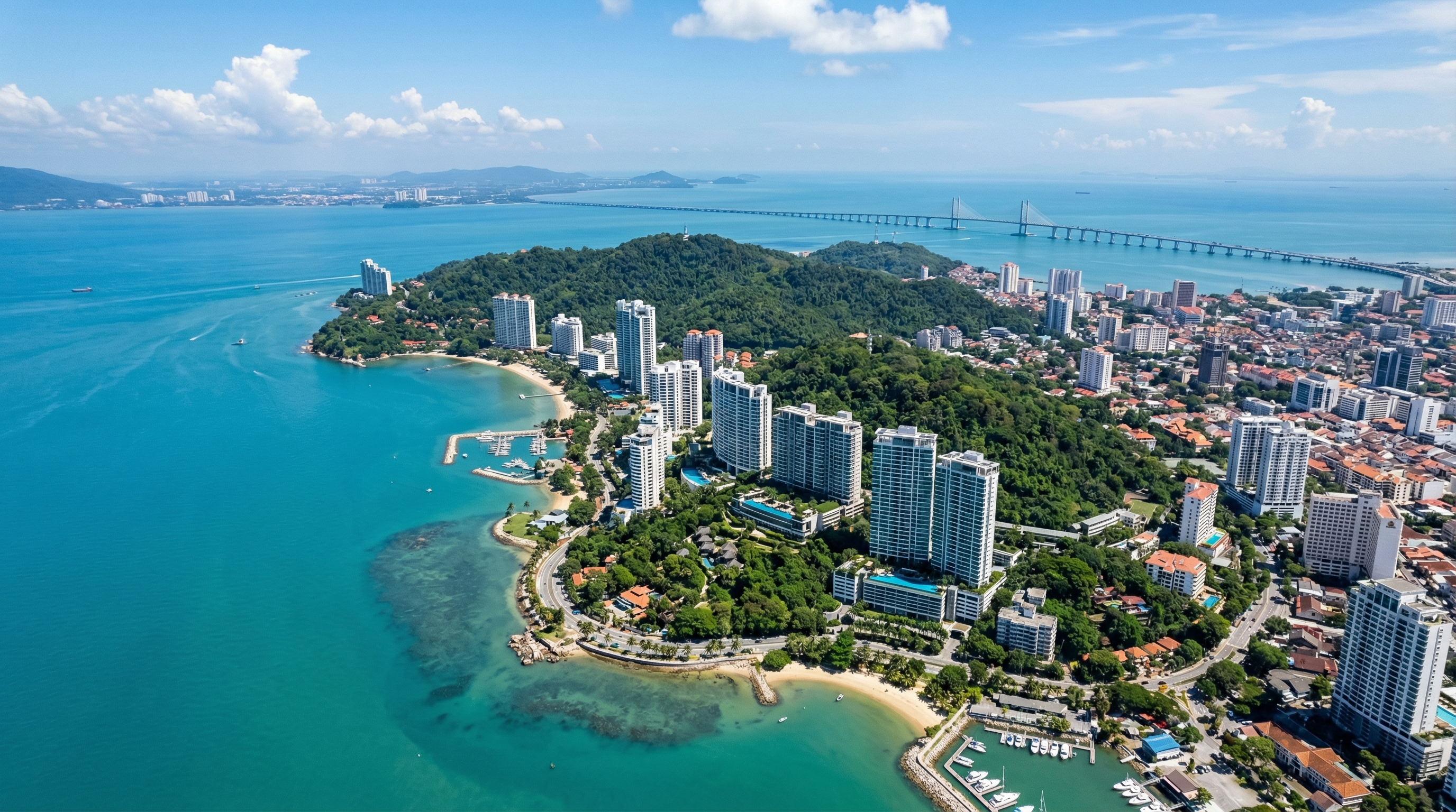 Aerial view of Penang island showing waterfront developments