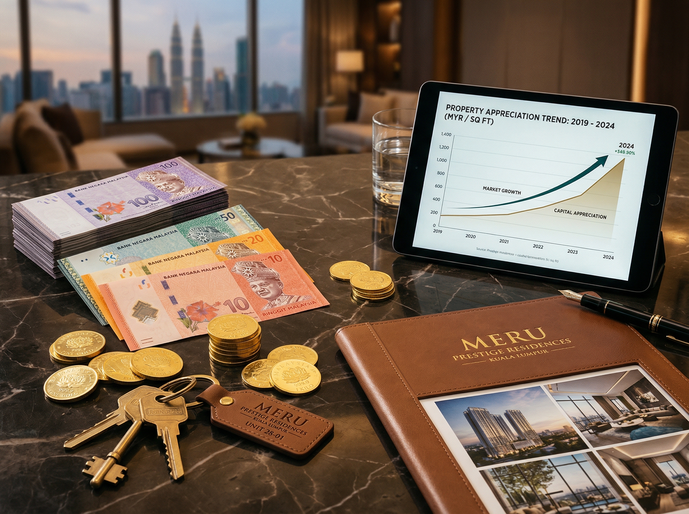 Property investment concept with Malaysian Ringgit and appreciation charts