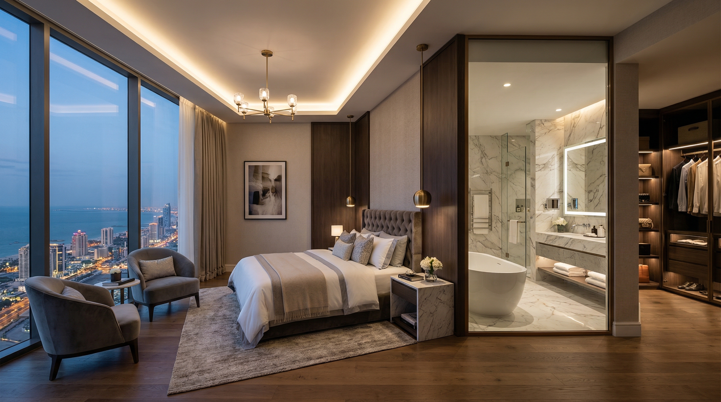 Luxury condominium master bedroom with premium finishes