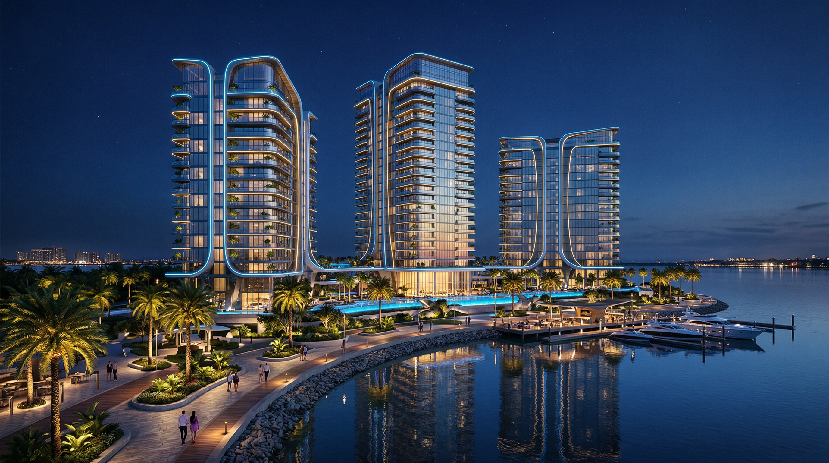 Architectural render of futuristic waterfront condominium complex at night