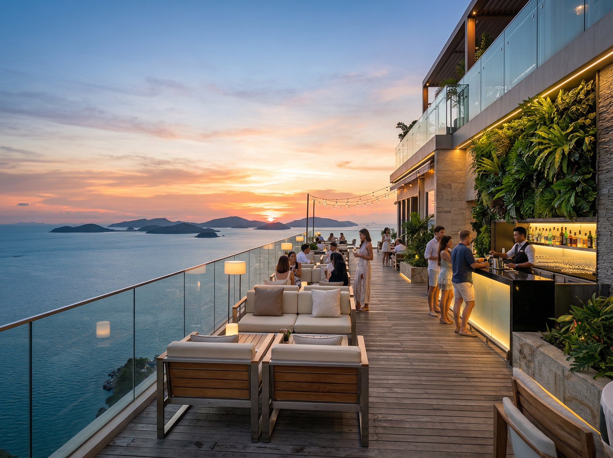 Rooftop sky terrace lounge with panoramic ocean view at sunset