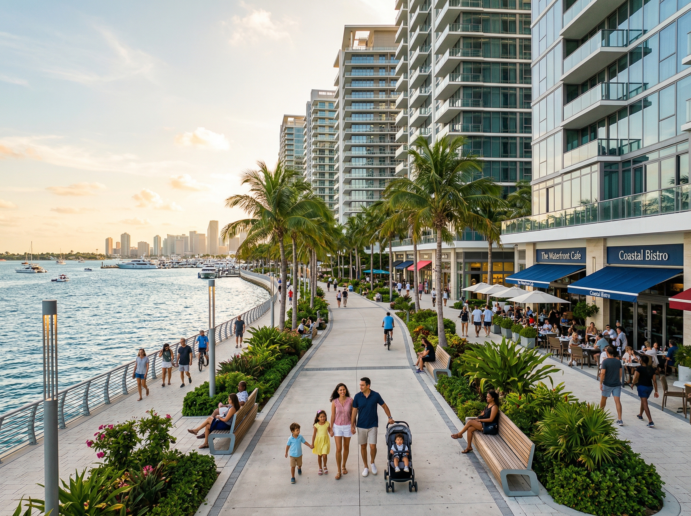 Luxury waterfront boulevard with condominium towers and promenade