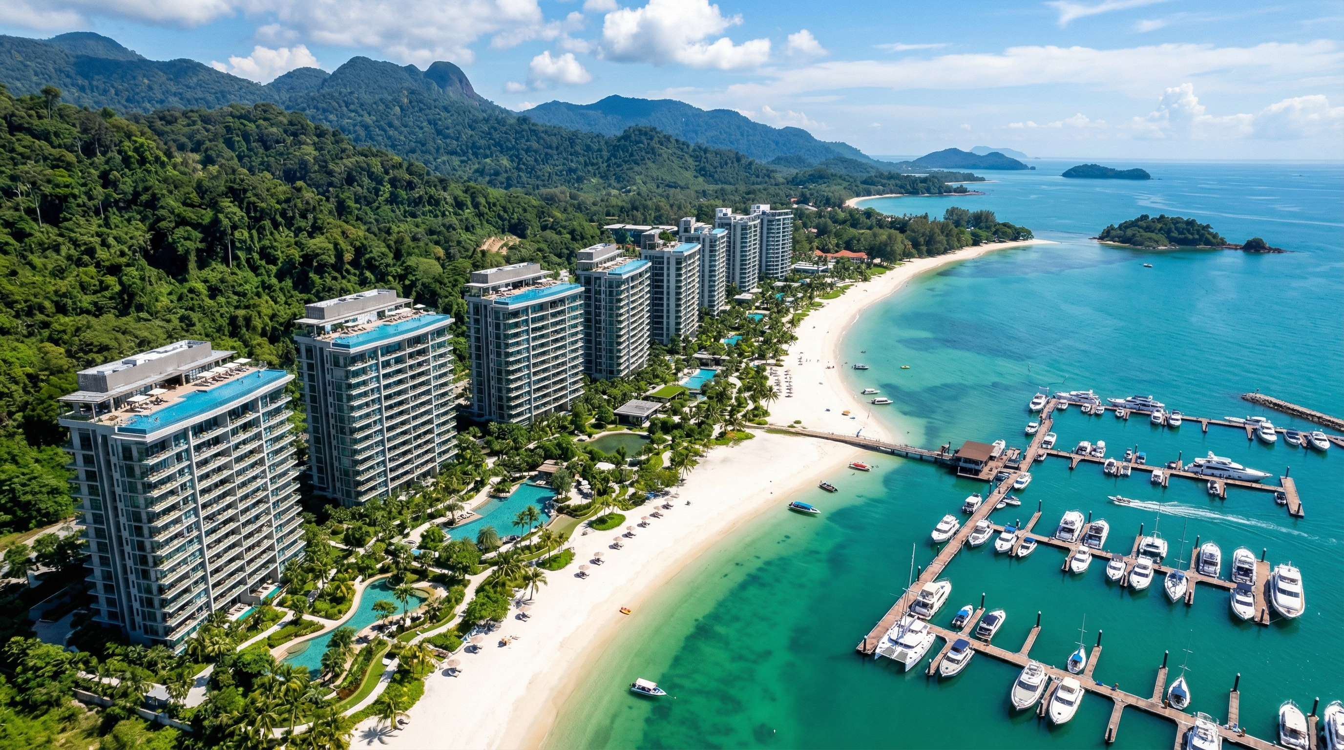 Aerial view of luxury waterfront condominiums along Penang coastline