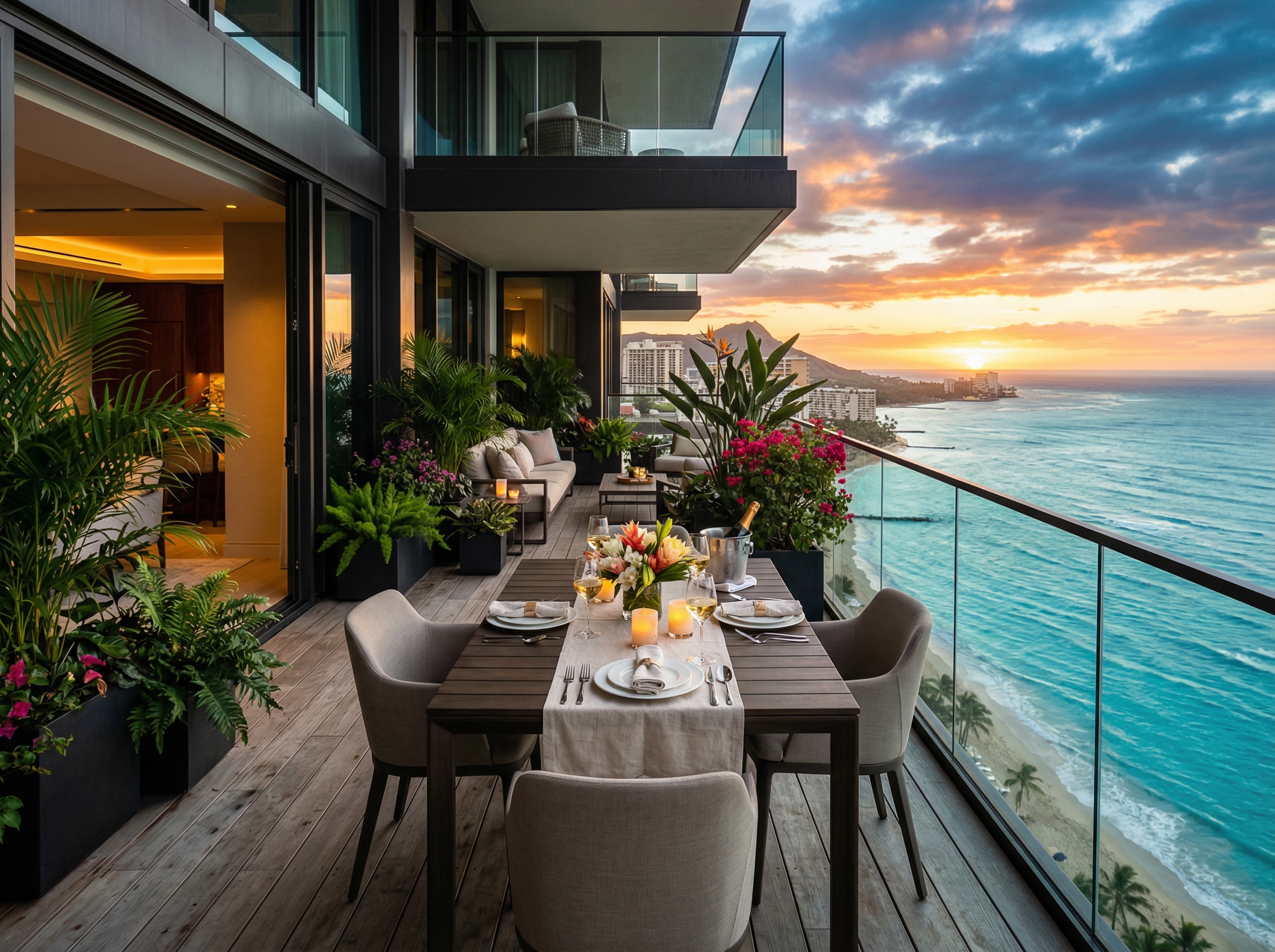 Private balcony overlooking turquoise ocean at sunset