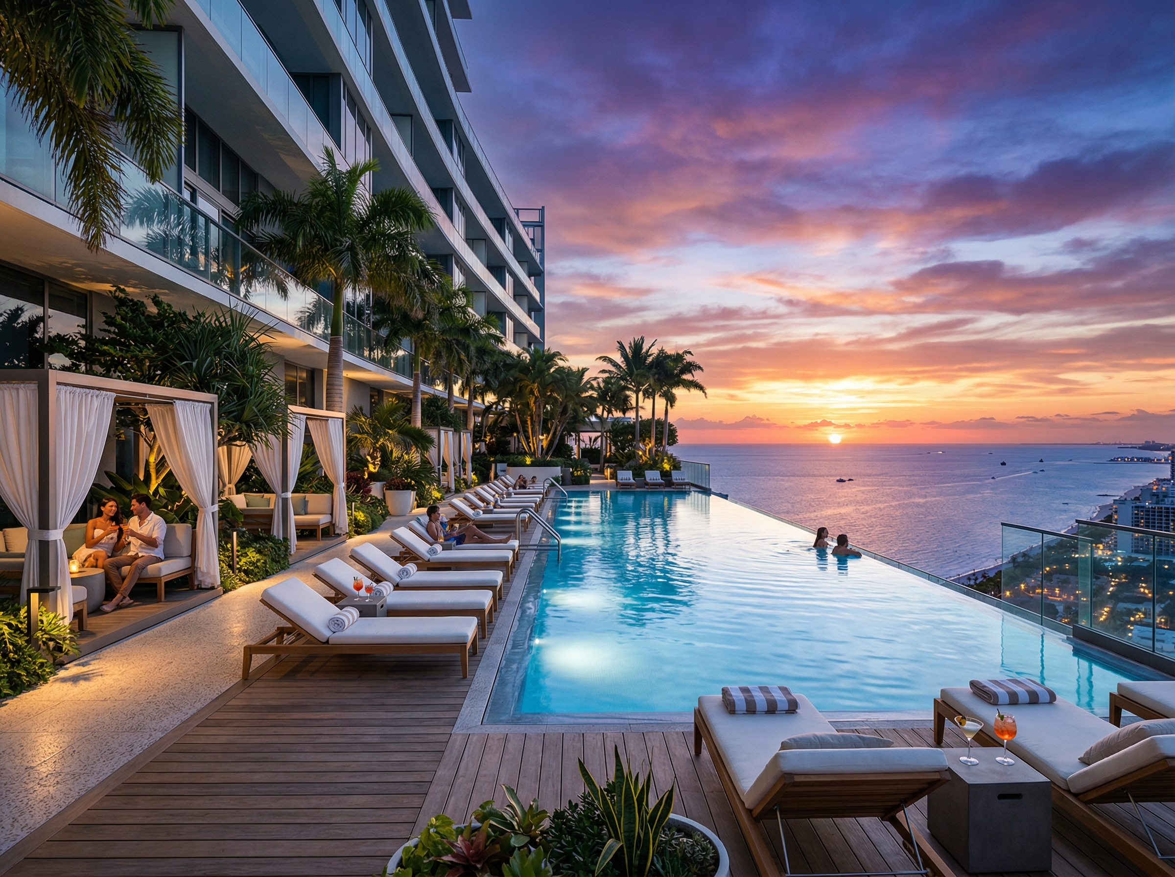 Resort-style infinity pool on condominium rooftop with ocean view