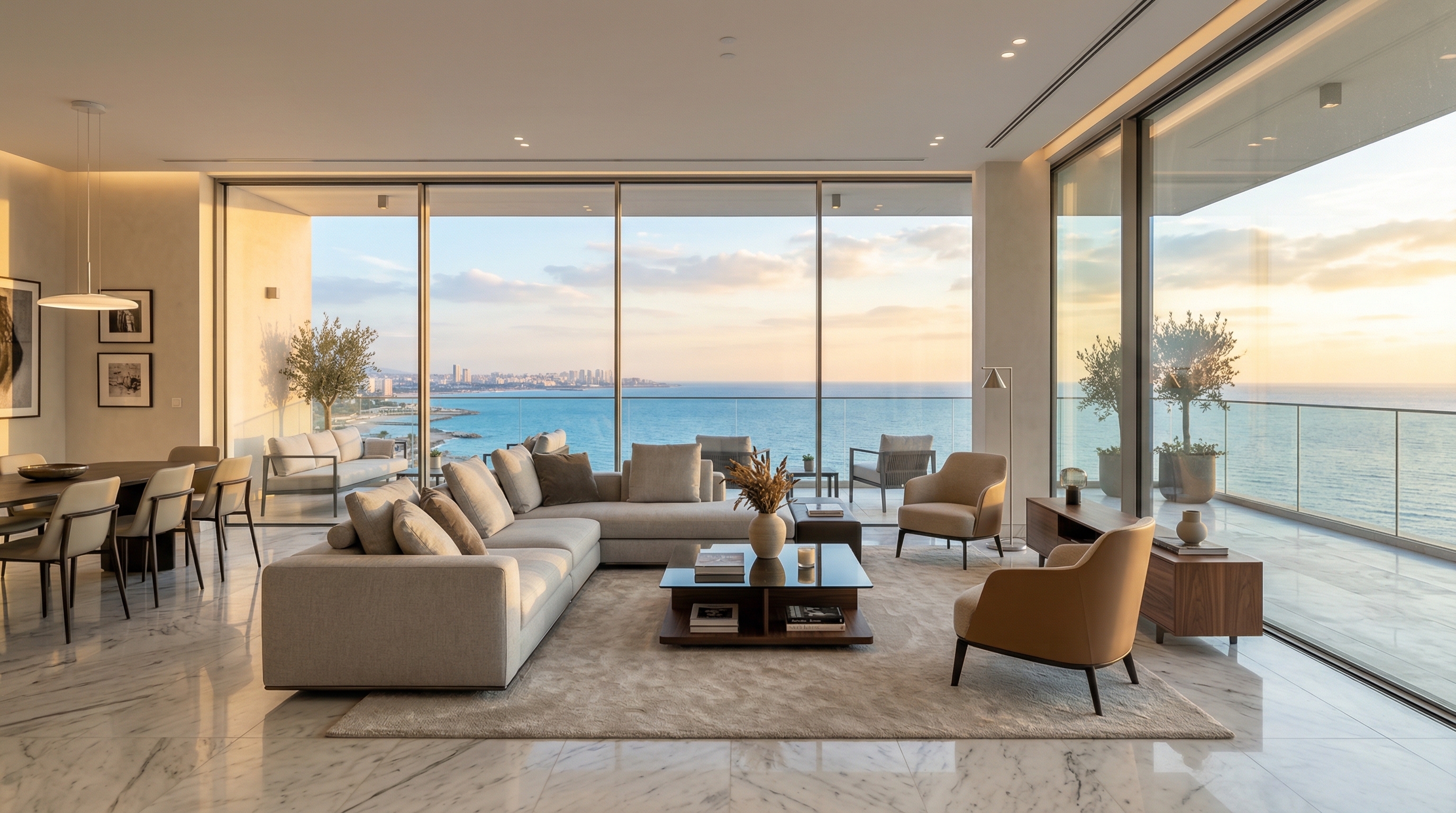 Luxury condominium living room with floor to ceiling sea view windows